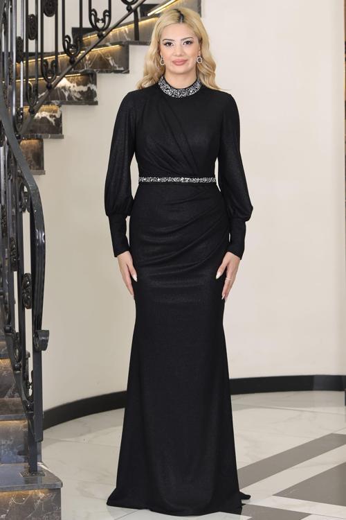 Hürrem Kuyruklu Taşlı Tesettür Abiye Siyah
