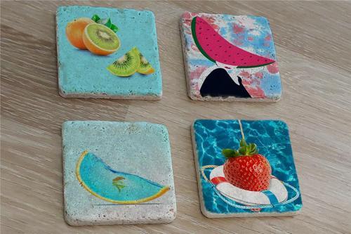 İlüstrasyon Meyve Manipülasyon Doğal Taş Bardak Altlığı 4'lü set - Natural Stone Coasters