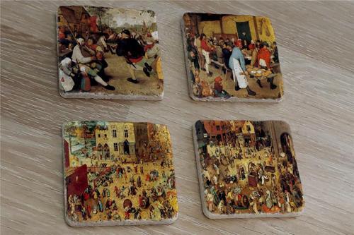 Pieter Brueghel Çocuk Oyunları ve Eserleri  Doğal Taş Bardak Altlığı 4'lü set - Natural Stone Coasters