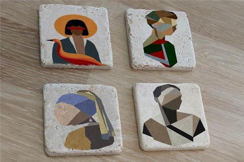 Renkli Vektör İnci Küpeli Kız ve Portreler Doğal Taş Bardak Altlığı 4'lü set - Natural Stone Coasters