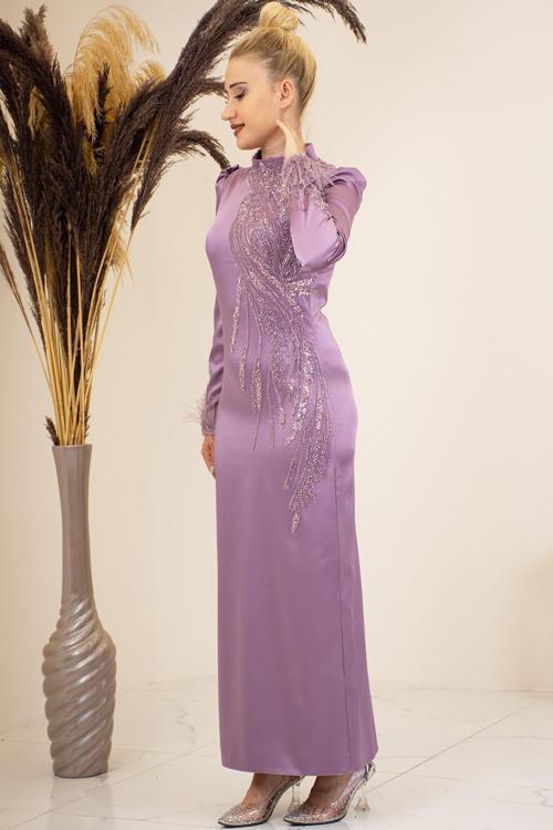 Önü Boncuk Aplik İşleme Kolları Tüylü Nara Tesettür Abiye Gül Kurusu