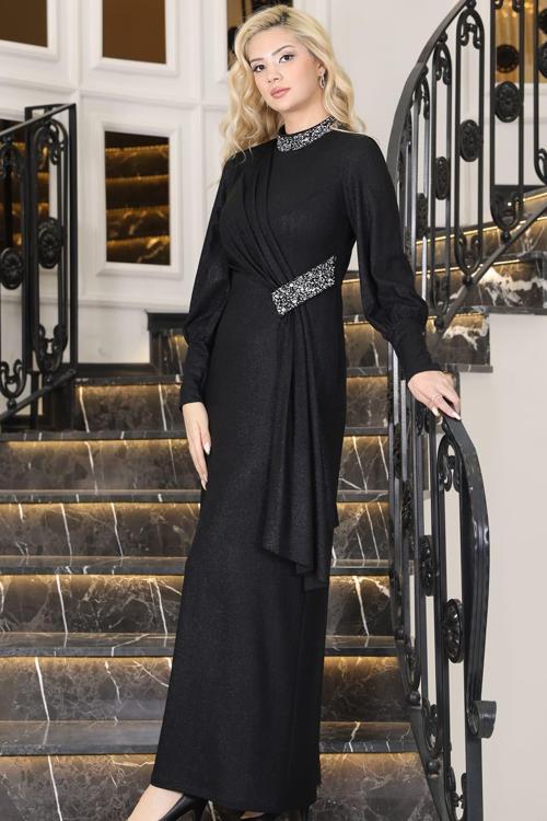 Açelya Sarkaçlı Taşlı Tesettür Abiye Siyah