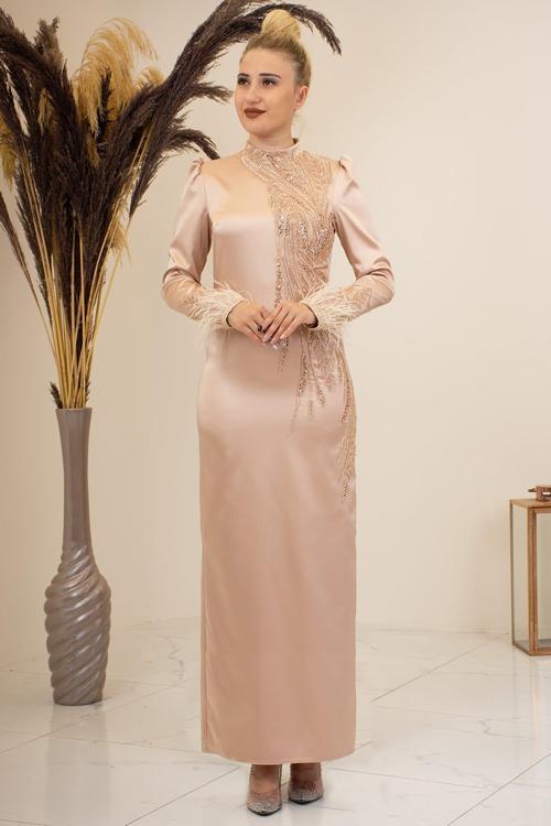 Önü Boncuk Aplik İşleme Kolları Tüylü Nara Tesettür Abiye Gold