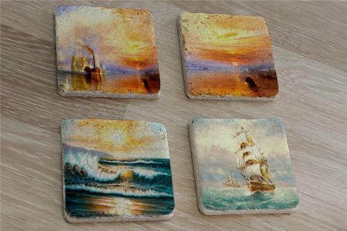 Jmv Turner Gün Batımı ve Yelkenliler Doğal Taş Bardak Altlığı 4'lü set - Natural Stone Coasters