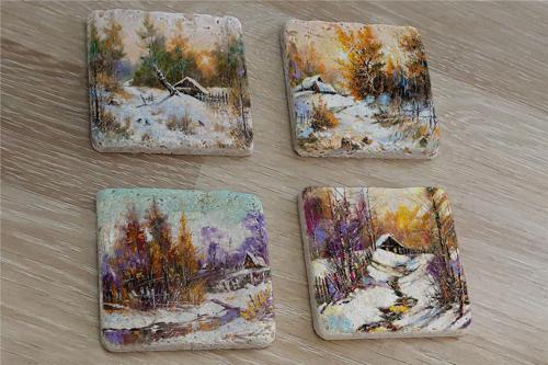 Karlı Orman Manzaraları Doğal Taş Bardak Altlığı 4'lü set - Natural Stone Coasters