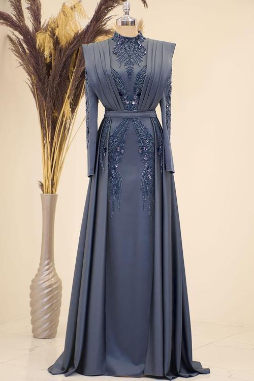 Önü Drapeli Kuyruklu Boncuk İşlemeli Miranda Tesettür Abiye Antrasit