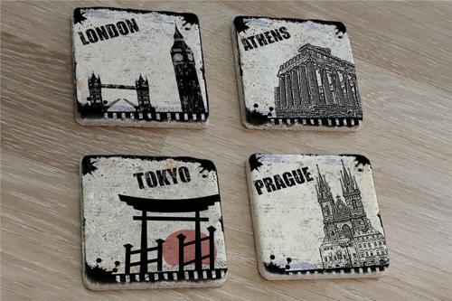 Siyah Beyaz Londra Atina Tokyo Prag Doğal Taş Bardak Altlığı 4'lü set - Natural Stone Coasters