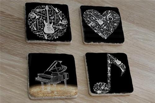 Siyah Beyaz Müzik Görselleri Doğal Taş Bardak Altlığı 4'lü set - Natural Stone Coasters