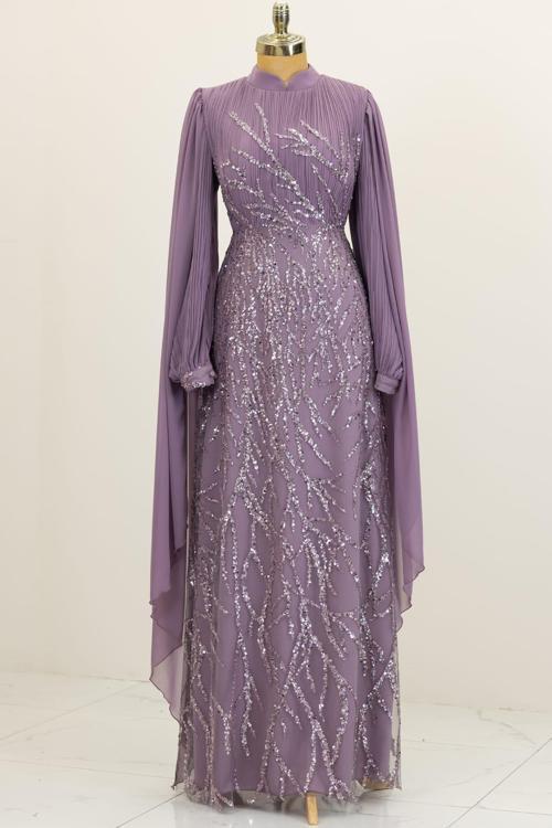 Kolları Pelerinli Ezgi Tesettür Abiye Lila