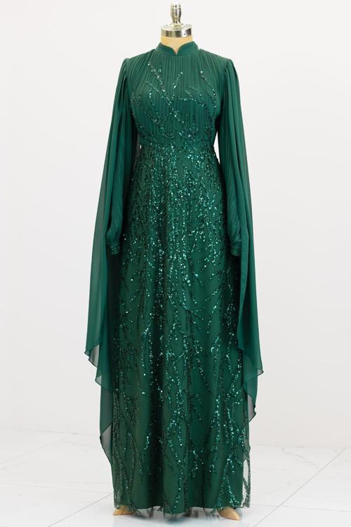 Kolları Pelerinli Ezgi Tesettür Abiye Zümrüt