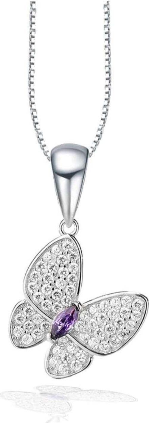 Ametist Taş Işıltılı Kelebek Diamond Butterfly Kadın Gümüş Kolye