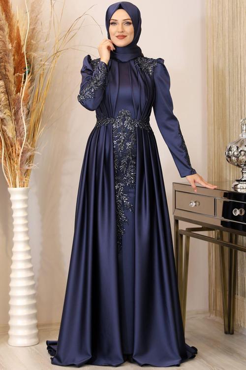 Karaca Önü Drapeli Aplikli Tesettür Abiye Lacivert