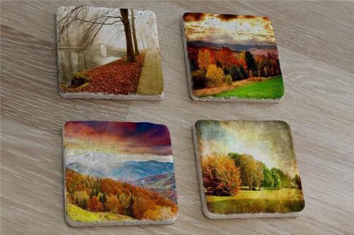 Sonbahar Manzaraları Doğal Taş Bardak Altlığı 4'lü set - Natural Stone Coasters