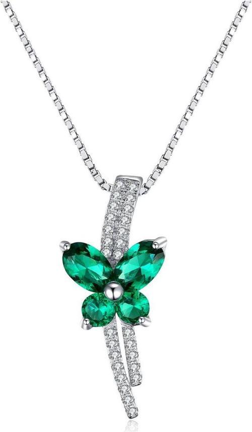 Zümrüt Taşlı Işıltılı Diamond Fiyonk Kelebek Kadın Gümüş Kolye