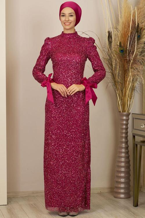 Kollari Fiyonklu Pul Payetli Sultan Tesettür Abiye Fuşya
