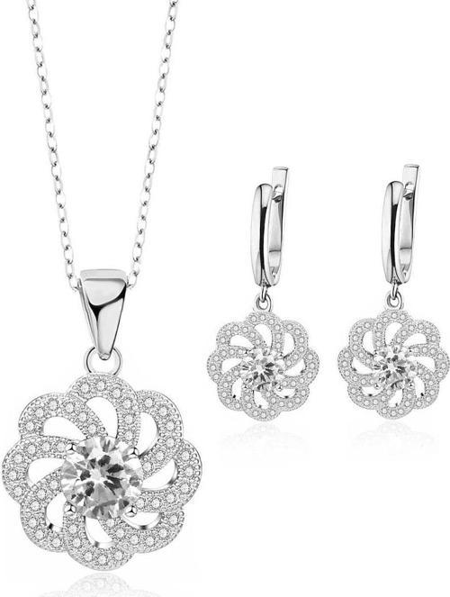 925 Ayar Aster Çiçeği Zirconia Taşlı Işıltılı Kolye Küpe Set
