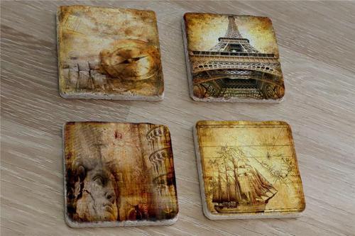 Kolaj Rönesans Eyfel Kulesi ve Eski Savaş Gemisi Doğal Taş Bardak Altlığı 4'lü set - Natural Stone Coasters