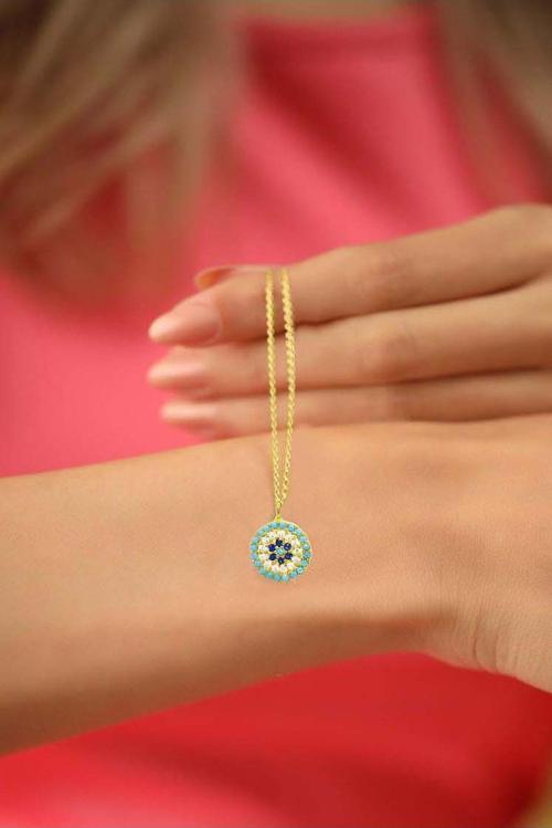 925 Ayar Gümüş Firuze Taşlı Nazar Gözlü Altın Kaplama Kadın Kolye