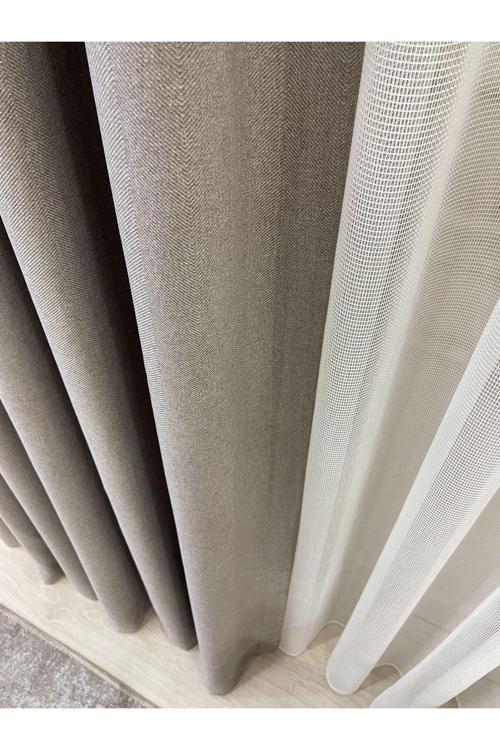 Taş Rengi - Keten Görünümlü 1/3 Sık Pile Fon Perde