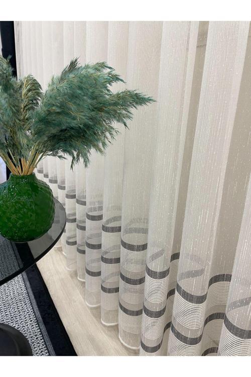 Modern Şantuklu Bantlı 1/3 Sık Pile - Ekru/Gri Tül Perde