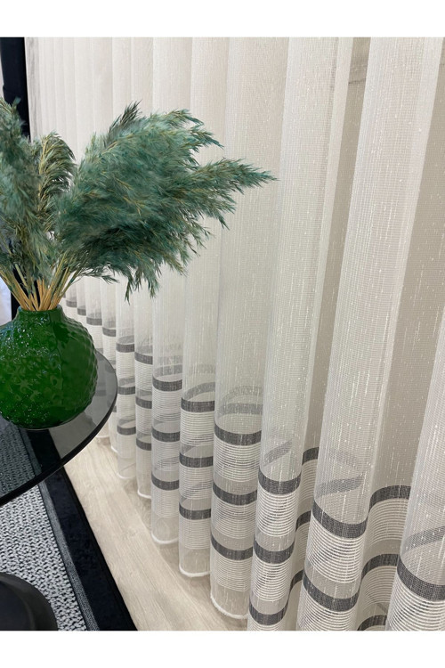 Modern Şantuklu Bantlı 1/3 Sık Pile - Ekru/Gri Tül Perde