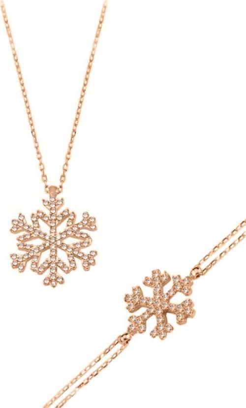 925 Ayar Gümüş Kar Tanesi Rose Gold Bayan Kolye Bileklik Set