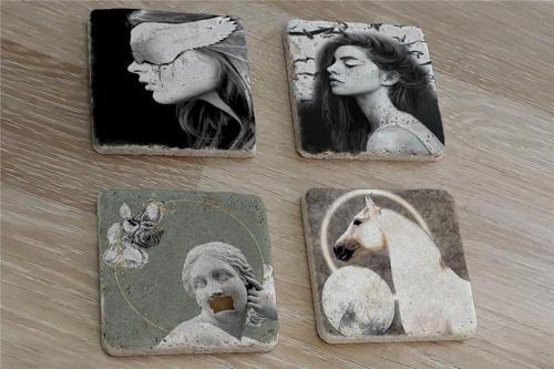 Tasarım Heykel At ve Kadın Portreler Doğal Taş Bardak Altlığı 4'lü set - Natural Stone Coasters