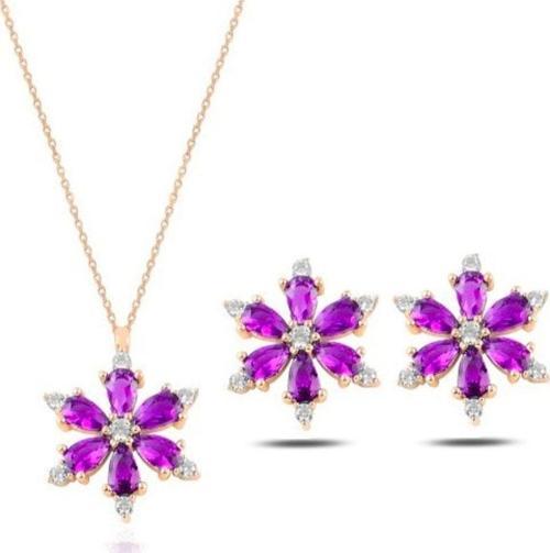 925 Ayar Lotus Çiçeği Ametist Taşlı Rose Bayan Kolye Küpe Set