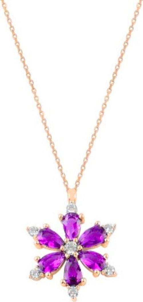 925 Ayar Lotus Çiçeği Ametist Taşlı Rose Gold Bayan Gümüş Kolye