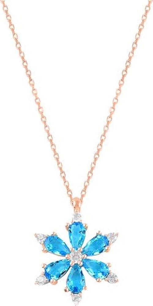 925 Ayar Lotus Çiçeği Aquamarin Taşlı Rose Gold Bayan Gümüş Kolye
