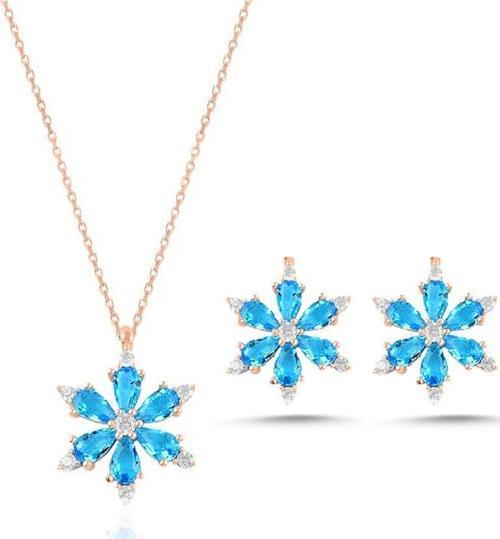 925 Ayar Lotus Çiçeği Aquamarin Taşlı Rose Gümüş Kolye Küpe Set