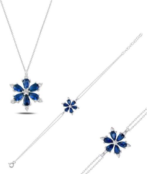 925 Ayar Lotus Çiçeği Safir Taşlı Gümüş Kolye Bileklik Set