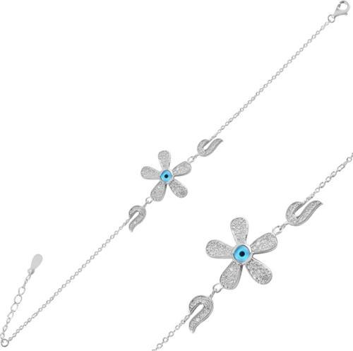 Gümüş Çiçek Model Sosyete Gözü Zirkon Taşlı Bayan Bileklik