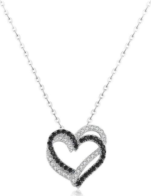 Gümüş Kalbim Kalbinde Çift Kalp Mineli Taşlı Bayan Kolye