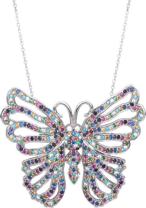 925 Ayar Renkli Taşlı Kelebek Bayan Gümüş Kolye