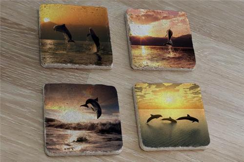 Yunus Balıkları Doğal Taş Bardak Altlığı 4'lü set - Natural Stone Coasters