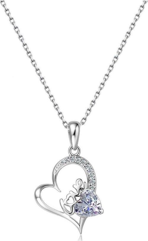 Gümüş Love Yazılı Zirkon Taşlı Kalp Bayan Gümüş Kolye