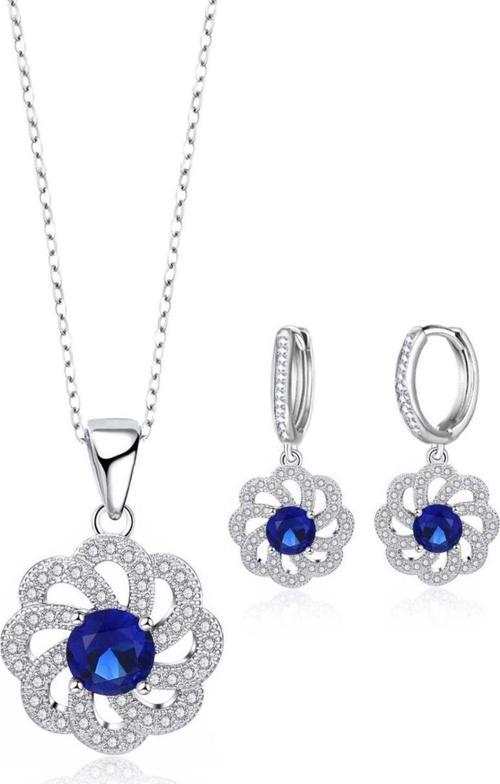 Gümüş Lüks Mavi Safir Taşlı Çiçek Model Bayan Kolye Küpe Set