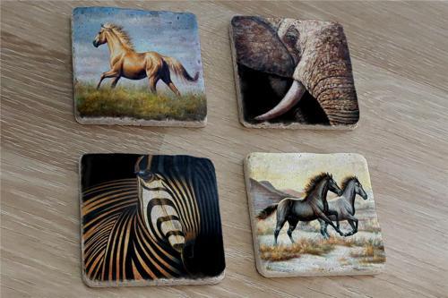 Zebra Fil ve Atlar Doğal Taş Bardak Altlığı 4'lü set - Natural Stone Coasters