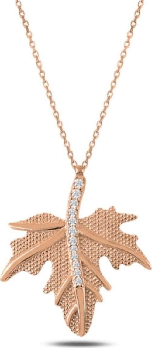 Gümüş Zirkon Taşlı Çınar Yaprağı Gümüş Kolye