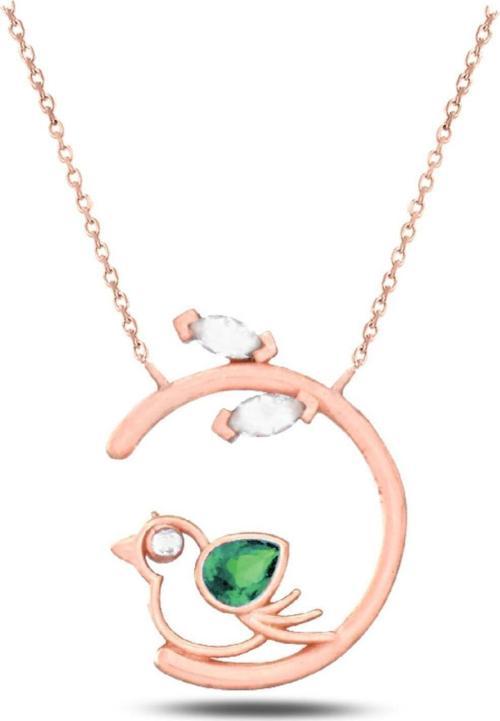 925 Ayar Yeşil Taşlı Minik Kuş Kadın Gümüş Kolye