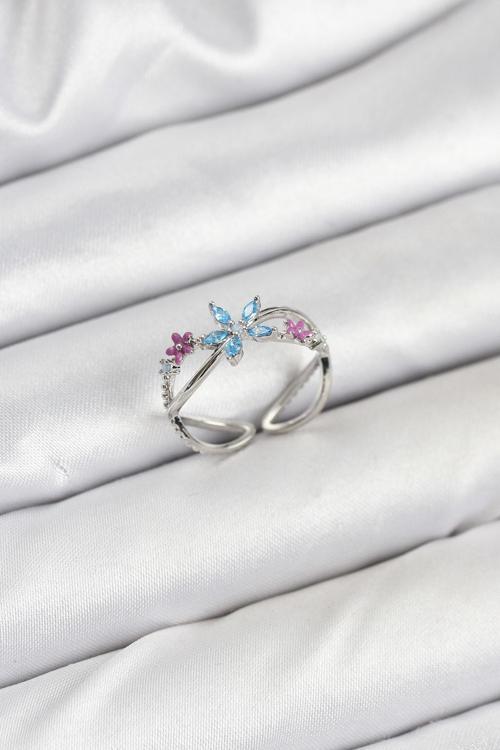 Pirinç Gümüş Renk Zirkon Taşlı Mavi Çiçekli Kadın Yüzük - EBJ250927W37922