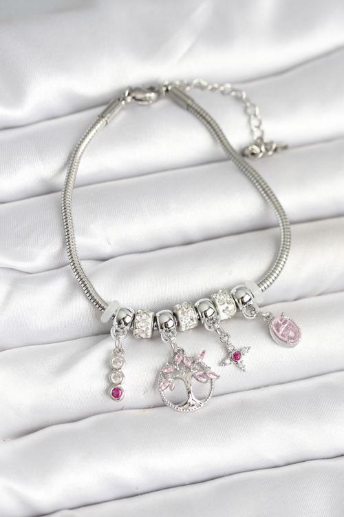 Pirinç Gümüş Renk Yaşam Ağacı Charmlı Kadın Bileklik - EBJ251004W38059