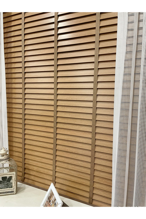 Meşe Rengi %100 Orijinal Ahşap Jaluzi Perde 50 Mm Ofis Modern Ve Tüm Mekanlar Için