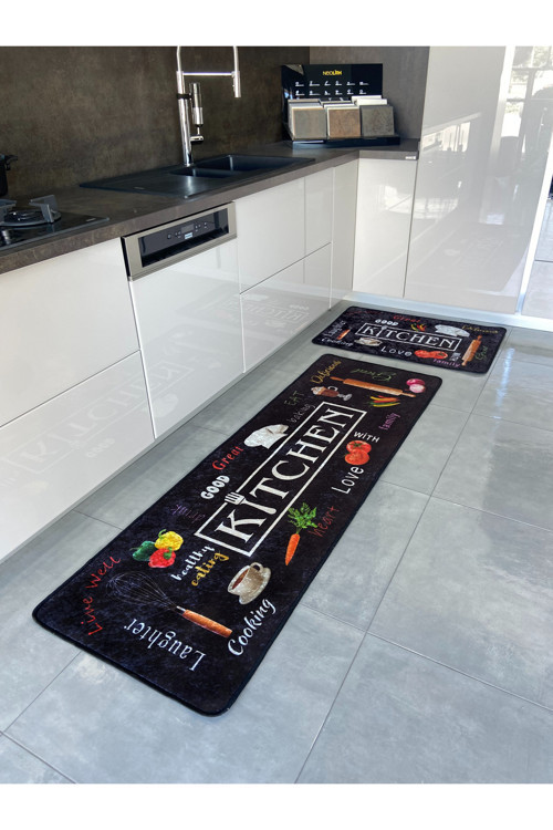 Siyah Renk Yıkanabilir Mutfak Yolluk Lateks Deri Taban Halı