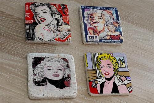 Marilyn Monroe Pul ve Portreleri Doğal Taş Bardak Altlığı 4'lü set - Natural Stone Coasters