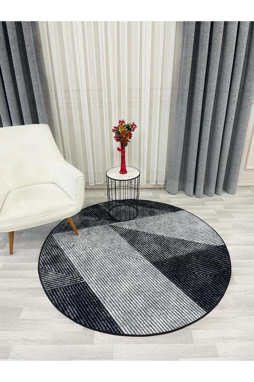 Gri Renk Geometrik Desen Kaymaz Taban Yolluk Halı