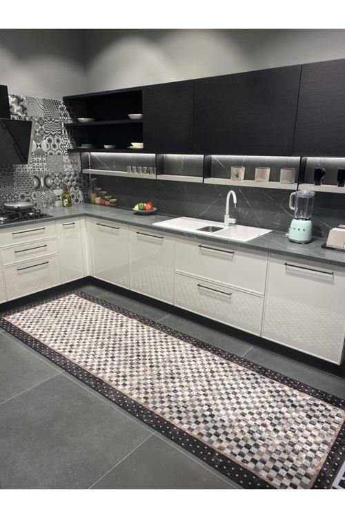 Robert Dama Desen Leke Tutmaz Mutfak Halı Yolluk - Siyah