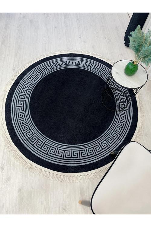 Lorin Şönil Görünüm Bordürlü  Lateks  Taban  Saçaklı Yuvarlak  Halı