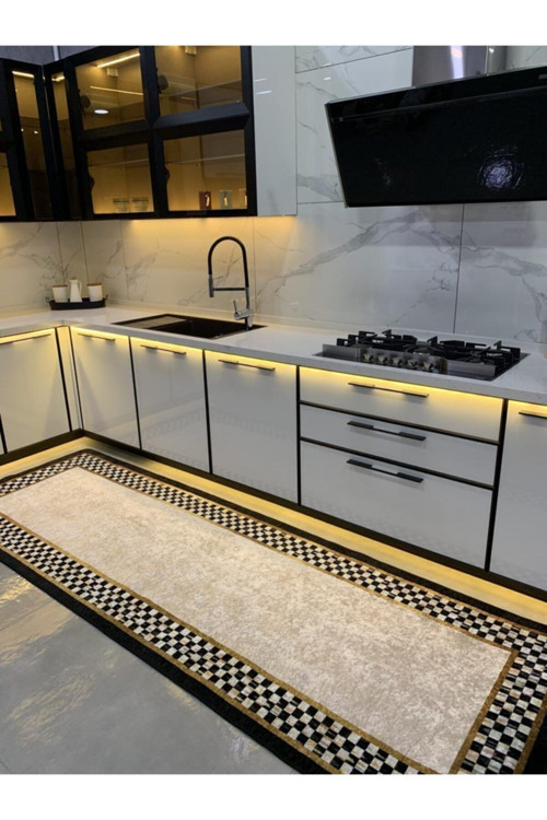 Rosen Model Damalı Kaymaz Taban Mutfak Halısı - Gri-Siyah